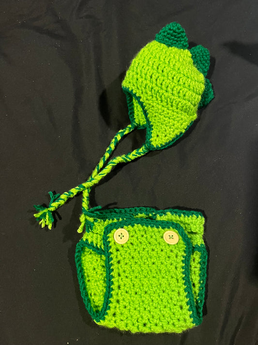 Green Dino Newborn baby hat and Diaper cover set